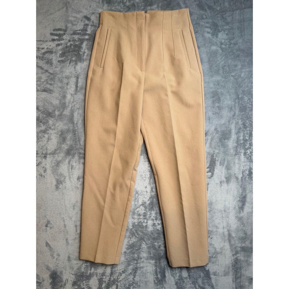 Zara Camel Tan High Waisted Tapered Trousers Size Medium Seam Detail Tailored